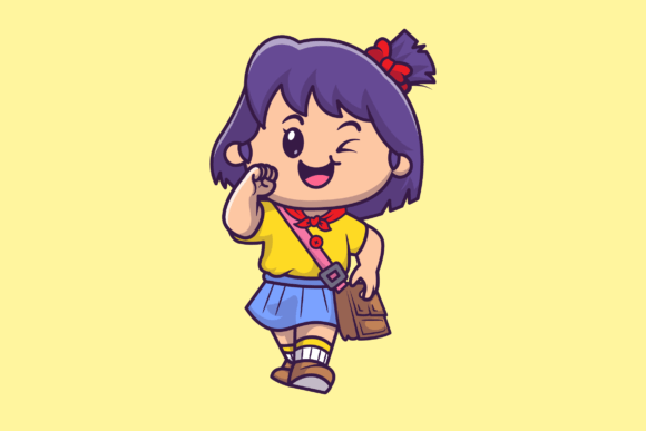 Cute Girl Going to School Cartoon Graphics and Illustrations Review