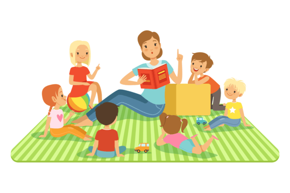 Kindergarten Woman Read Book to Children Graphics